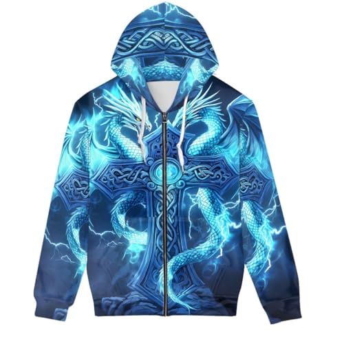 GLUDEAR Unisex Realistischer 3D-Digitaldruck Full Zip Hoodie Jacken Kapuzen-Sweatshirt, Lightning Viking Dragon Cross, XX-Large von GLUDEAR
