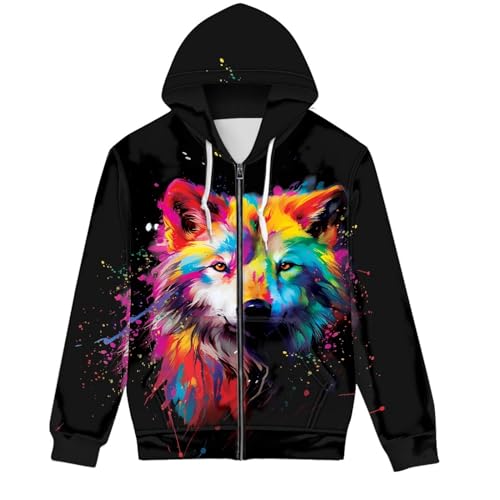 GLUDEAR Unisex Realistischer 3D-Digitaldruck Full Zip Hoodie Jacken Kapuzen-Sweatshirt, Spritzer Malerei Wolf, 4X-Large von GLUDEAR