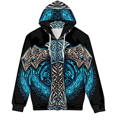 GLUDEAR Unisex Realistischer 3D-Digitaldruck Full Zip Hoodie Jacken Kapuzen-Sweatshirt, Wikinger Blitz Tomahawk, XX-Large von GLUDEAR