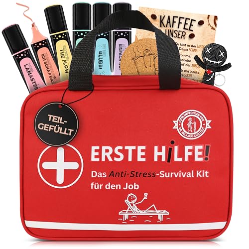 GLÜCKSGUT® ERSTE HILFE Tasche für den Job | Teilgefüllt | Lustiges Geschenk zum Befüllen | Textmarker + Voodoo Puppe + Kafeepausen-Set | Kollegen, neuer Job, Abschied, Büro von GLÜCKSGUT