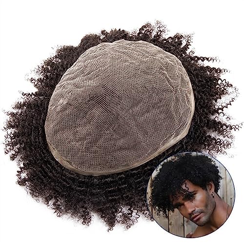 Haarteil für Männer Afro-Lockenperücken-Toupet for Männer, Vollspitze-Toupet-Perücken for schwarze Männer, 4–12 mm lockiges Männerhaar, Prothese, natürliches schwarzes Echthaar, Systemeinheit Perücke von GLigeT