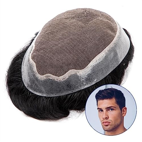 Haarteil für Männer Haarersatz-Perücken for Männer, Echthaar, Herren-Toupet, fein, mono, mit dünnem, klarem Pu-Haar, Toupet, 15,2 cm, atmungsaktiv, glattes Echthaar, Systemeinheit Perücke Männer (Col von GLigeT