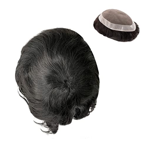 Haarteil für Männer Mann Toupet Feine Mono NPU Echthaar Perücken 6" Indisches Echthaar Ersatzsystem Gerade Männer Kapillarprothese Haarteil Perücke Männer (Color : Straight Toupee 1B 120%, Size : 7x von GLigeT