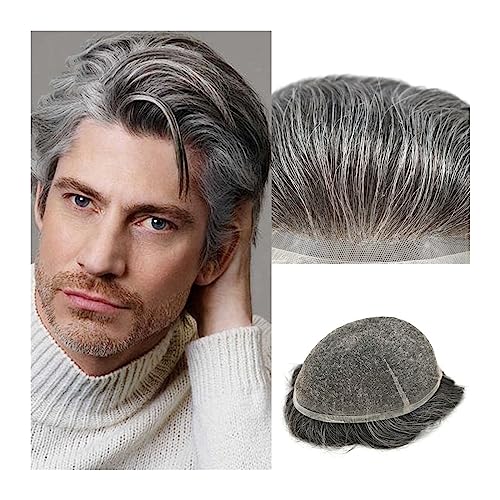 Haarteil für Männer Toupet for Männer, Echthaar-System, Haarteile, volle Schweizer Spitze, Herren-Toupet, 20,3 x 25,4 cm, atmungsaktive männliche Haarprothese, 1B, gemischte 65% graue, weiße Haarperü von GLigeT