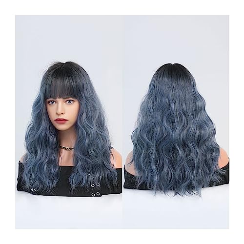perücken Dunkelrote Perücken for Frauen, burgunderfarbene, gewellte Perücke mit Pony, bunte synthetische Ombre-Rot-Perücke for die tägliche Party Perücke (Color : Ombre Blue) von GLigeT