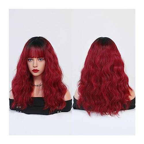 perücken Dunkelrote Perücken for Frauen, burgunderfarbene, gewellte Perücke mit Pony, bunte synthetische Ombre-Rot-Perücke for die tägliche Party Perücke (Color : Ombre Red) von GLigeT