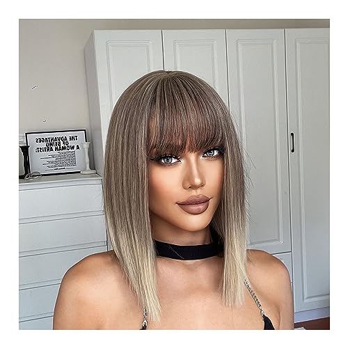 perücken Graublonde, kurze Bob-Ombre-Synthetik-Perücken, mittleres glattes Asche-Cosplay-Haar mit Pony for Frauen, Afro, natürlich, hitzebeständig Perücke von GLigeT