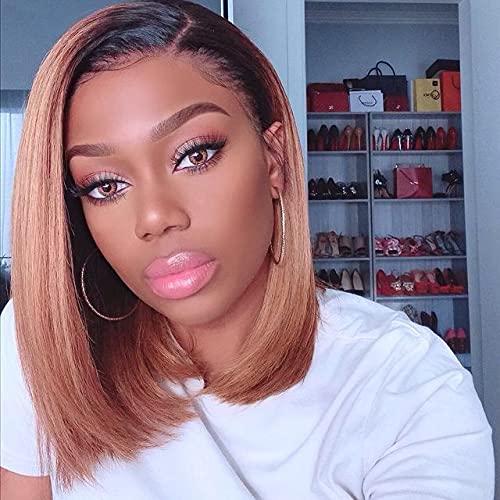 perücken Highlight Bob Perücke Gerade Spitze Verschluss Menschliche Haare Perücken Kurze Bob Ombre Haar Perücke Mittelteil Brazilian Remy Spitze Perücke for Frauen 150% Dichte Perücke (Size : T1B 27 von GLigeT