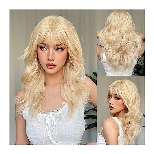 perücken Lange gewellte blonde synthetische Perücken for Frauen, Platin-Tages-Naturhaar-Perücken mit Pony, hitzebeständige Cosplay-Perücken Perücke von GLigeT