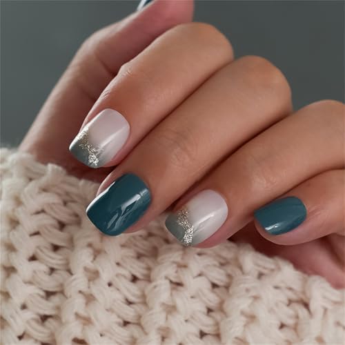 24 Pcs Kurze Presse Auf Nägeln Französische Spitze Meerblau Form False Nägel Mit Glitzernden Designs Kleber Auf Nägeln Für Frauen von GMBYLBY