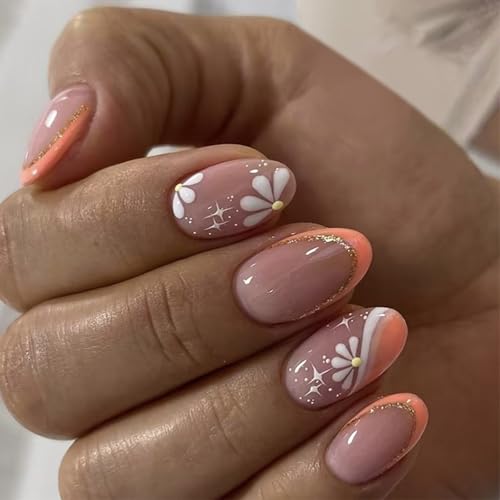 24 Stück Mandelnägel Zum Aufdrücken Französische Spitzen Designs Künstliche Nägel Kunst Für Frauen Zum Aufkleben Auf Die Nägel Mit Blumenmustern Maniküre von GMBYLBY