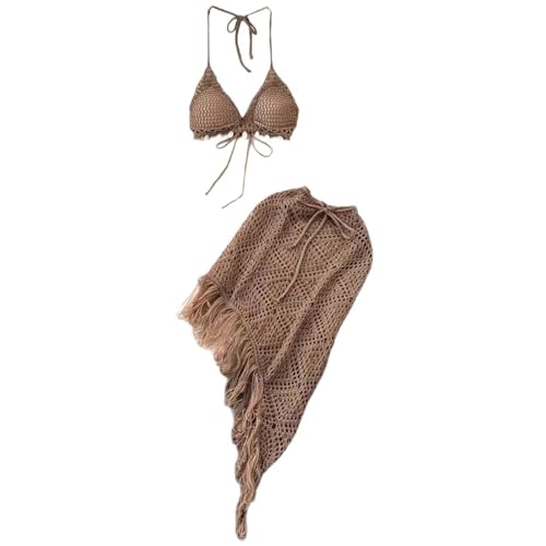 Damen Strandmode Set Häkelstrick Quasten Asymmetrischer Rock Und Neckholder Rückenfreies Oberteil Urlaubs Badeanzug Vertuschung von GMBYLBY