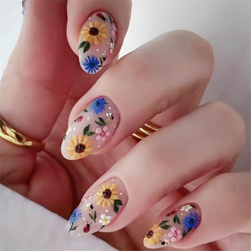 Französische Spitze Zum Aufdrücken Der Nägel Acrylnägel Mit Blumen Designs Kurze Mandel Kunstnägel Zum Aufkleben Auf Die Nägel Für Frauen 24 Stück von GMBYLBY
