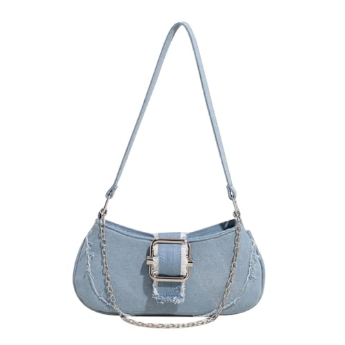 GMBYLBY Kompakte Jean Satchel Handtasche Trendige Kette Detail Damen Casual Umhängetasche für Handy und Geldbörse Essential, Hellblau, Medium von GMBYLBY