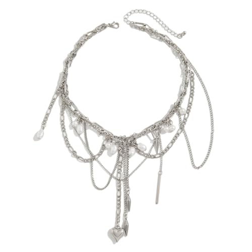 GMBYLBY Mehrschichtige Quasten-Halskette für Damen, Herz- und Nieten-Anhänger, Choker, verstellbare Länge, Schlüsselbein-Kette GMBYLBY Mehrschichtige Quasten-Halskette für Damen, Herz- und Nieten-Anhänger, Choker, verstellbare Länge, Schlüsselbein-Kette von GMBYLBY