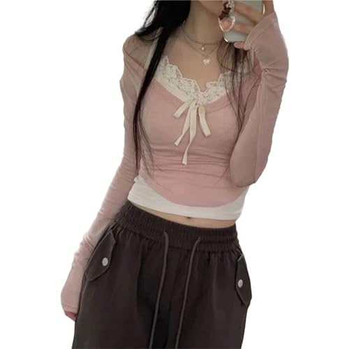 GMBYLBY Strickwaren Frauen Harajuku 2-teiliges Langärmliges Schulterfreies Pullover Crop Top Spitzen Unterhemd von GMBYLBY