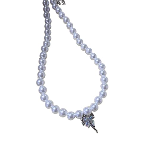GMBYLBY Vintage Nische Kalter Übertriebene Perlen Bogenknoten Gekreuztem Halsketten Schlangekette Weibliche Simulierte Perlen Schmuck Kristall Bugknotengekreuzte Halskette Für Mädchen von GMBYLBY