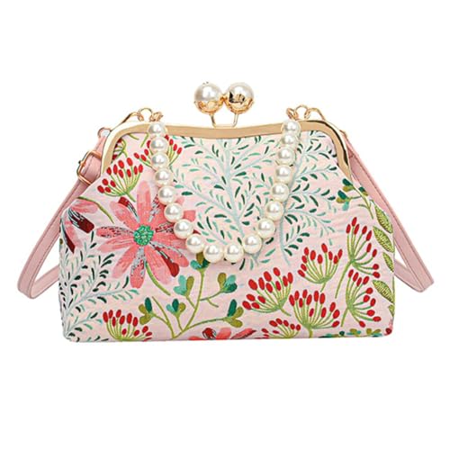 Handtasche im Retro-Stil, bestickte Blumen-Handtasche für Damen, Schultertasche, Abend-Geldbörse, mit Perlenkette und, Pink, Medium Handtasche im Retro-Stil, bestickte Blumen-Handtasche für Damen, Schultertasche, Abend-Geldbörse, mit Perlenkette und, Pink, Medium von GMBYLBY