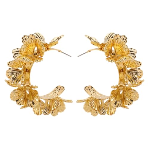 Modische Statement-Ohrringe mit Blumenmuster für Damen, C-förmig, offenes Kreolen-Design, tragbar, bequemer Schmuck, M, Metall, Kein Edelstein von GMBYLBY