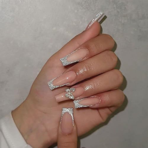 Quadratische Nägel Zum Aufdrücken Französische Spitzen Glitzernde Künstliche Nägel Aus Acryl Mit 3D Schmetterlingsnägeln Zum Aufkleben Für Frauen Und Mädchen von GMBYLBY