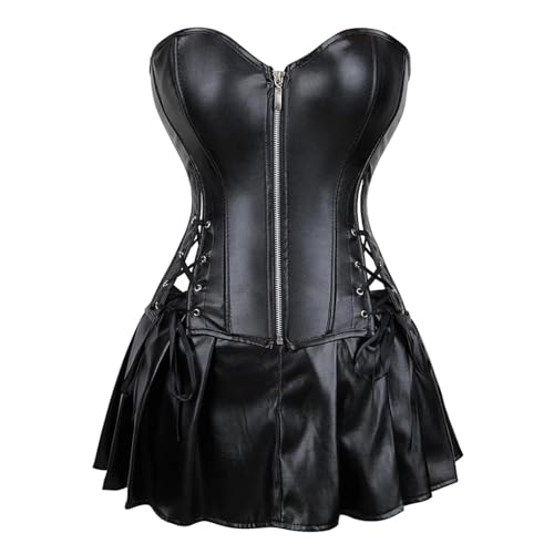 GMDNS Korsagen & Bustiers Für Damen Frauen Kunstleder Korsett Kleid Set Schwarz Rot Reiß Verschluss Vorne Korset Overbustier Top Mit Rock 4Xl Schwarz von GMDNS