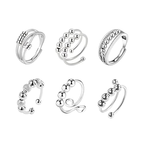 Achtsamkeitsring für Angst Frauen Einstellbare Spinner Anxiety Ring,6Pcs Fingernägel Kauen Ringe Set Mit Bead Damen Silver fidget Ring Anti Stress Ring Angst Selbstscheidungsring für Frauen Männer von GMEDRIDAS
