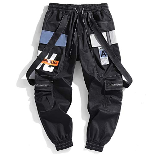 Herren Bänder Cargo Pants Herren Harajuku Casual Jogger Track Streetwear Hose Hip Hop Haremshose Techwear Black XL von GMFOSEOZ
