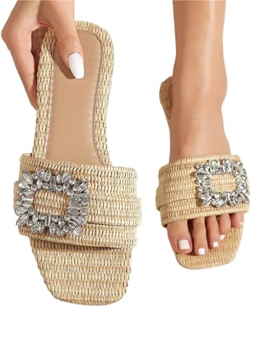 GMGQJST Hausschuhe Damen Stroh Sommer Casual Square Cane Gestrickte Flache Absätze for Frauen Hausschuhe Flache Unterseite Kristall Sandalen Strand Slides(39) von GMGQJST