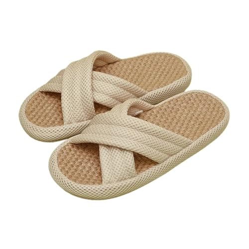 GMGQJST Hausschuhe Damen Stroh Sommer Leinen Mesh Hausschuhe Frauen Weiche Sohle Kreuzgebunden Außen Strand Slides Sandalen Damen Weibliche Home Schuhe Plattform Wohnungen(Beige,40-41 insole 25.5cm) von GMGQJST