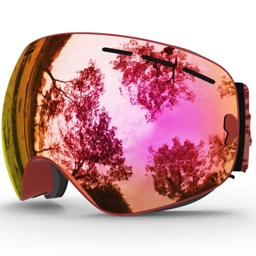 Motocross Brille Ski Goggles,Winter Snow Sports Goggles with Anti-fog UV Protection for Men Women Youth Interchangeable Lens - Premium Goggles(C27 Red Pink) von GMGQJST