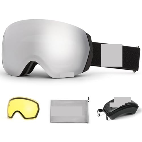 Motocross Brille Ski Goggles Men Women Anti-fog Ski Eyewear Snow Glasses Adult Snowboard Goggle with Night Yellow Lens and Case Set(Bk silver set) von GMGQJST