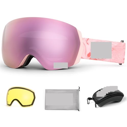 Motocross Brille Ski Goggles Men Women Anti-fog Ski Eyewear Snow Glasses Adult Snowboard Goggle with Night Yellow Lens and Case Set(Champagne pink set) von GMGQJST