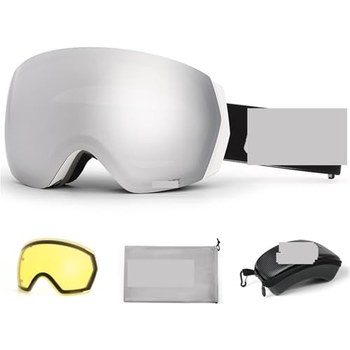 Motocross Brille Ski Goggles Men Women Anti-fog Ski Eyewear Snow Glasses Adult Snowboard Goggle with Night Yellow Lens and Case Set(Wt silver set) von GMGQJST