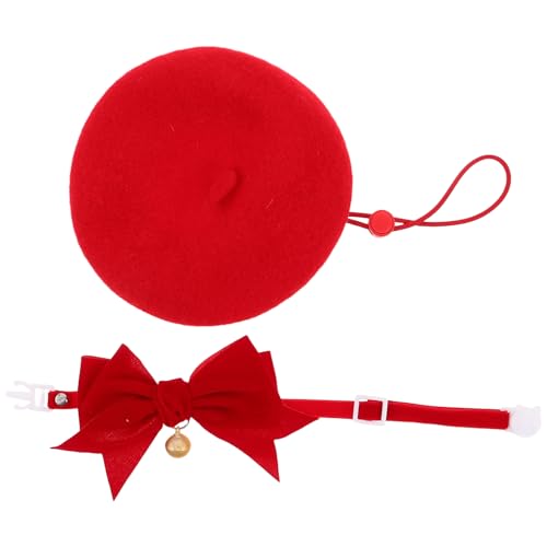 GMJGCIRVC Katzenbiegekragen: Wollkatze Baskenmütze und Fliegenkragen mit Glocken - einstellbares Haustierkostüm Set für Partys und Alltagsniveau von GMJGCIRVC