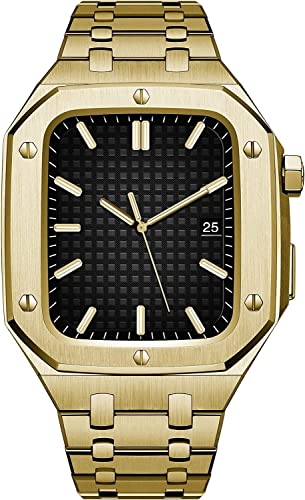 GMJGCIRVC Luxus Edelstahl Metal Watch Hülle und Band Mod Kit ， für Serie 9 8 7 6 Se 5 4 ， Stahluhrgurt Lünette ， für iWatch 44mm 45 mm DIY Royal Oak Retrofit von GMJGCIRVC