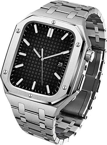 GMJGCIRVC Luxus Edelstahl Metal Watch Hülle und Band Mod Kit ， für Serie 9 8 7 6 Se 5 4 ， Stahluhrgurt Lünette ， für iWatch 44mm 45 mm DIY Royal Oak Retrofit von GMJGCIRVC