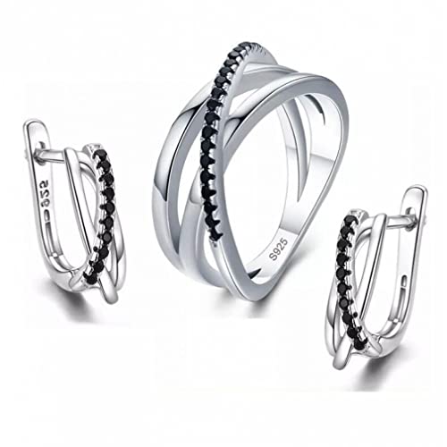 GMJGCIRVC WQHPLMD Feine Schmucksets Baguet Row Black Zirkon Edelstein Hochzeit Ohrringe Ring Set für Frauen von GMJGCIRVC