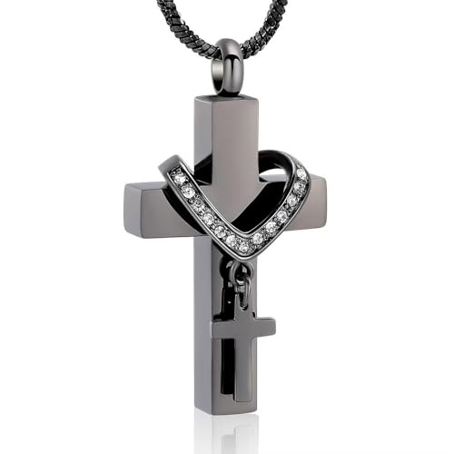 GMLRTOSPT Doppelkreuz-Urnenkette für Asche, Andenken, Gedenkschmuck, Asche-Halskette mit Geburtsstein, schwarz von GMLRTOSPT