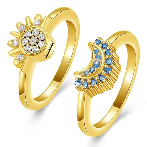 GMLRTOSPT Einäscherungsringe für Asche, Edelstahl, eingelegter Kristall, Sonne und Mond, stapelbares Ringset, Andenken, Gedenkgeschenk für Frauen und Mädchen, 7, Gold-Blau von GMLRTOSPT