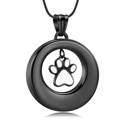 GMLRTOSPT Feuerbestattungsschmuck, Hundepfoten-Urnen-Halskette für Asche, runder Edelstahl-Asche-Anhänger, Gedenkschmuck für Männer und Frauen, Schwarz von GMLRTOSPT