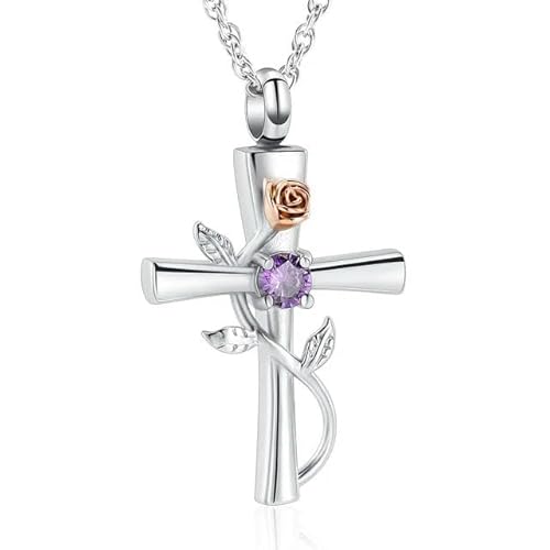 GMLRTOSPT Halskette mit Kreuz und Rosenblüte aus Edelstahl zur Erinnerung an die Urne, Schmuckanhänger mit Zirkonia-Lila-Stein GMLRTOSPT Halskette mit Kreuz und Rosenblüte aus Edelstahl zur Erinnerung an die Urne, Schmuckanhänger mit Zirkonia-Lila-Stein von GMLRTOSPT