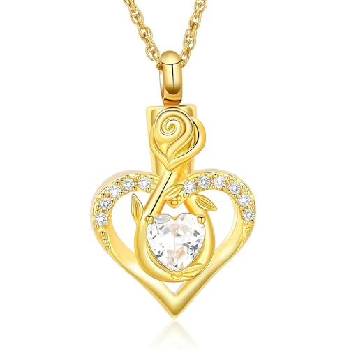 GMLRTOSPT Halskette mit Rosenblüten-Urne und Herz-Urne für Asche, für Frauen und Mädchen, Gedenk-Andenken, Halskette mit Geburtsstein-Anhänger, Gold-Weiß von GMLRTOSPT
