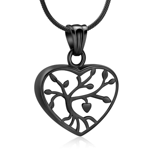 GMLRTOSPT Herz-Einäscherungsschmuck, Lebensbaum-Urnenkette für Asche, Edelstahl-Ascheanhänger für Damen und Herren, Andenken-Gedenkschmuck, Schwarz von GMLRTOSPT
