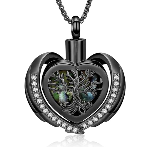GMLRTOSPT Herz-Urnen-Halskette für Asche, Flügel, Lebensbaum, Einäscherungsschmuck, Kristall-Asche-Anhänger für Frauen, Andenken, Gedenkschmuck, Schwarz von GMLRTOSPT