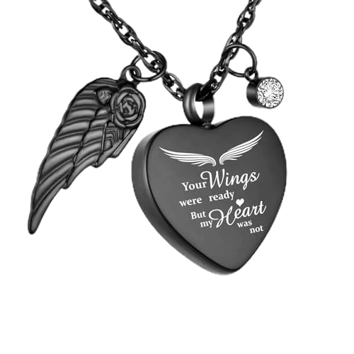 GMLRTOSPT Herz-Urnen-Halskette für Asche mit 12 Geburtssteinen, Einäscherungsschmuck für Asche – Deine Flügel waren bereit, mein Herz war nicht bereit – Schwarz von GMLRTOSPT