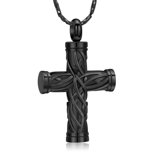 GMLRTOSPT Kremationskreuz-Halskette für Asche, Edelstahl, Kreuz, Urnenanhänger, Aschehalter, Gedenkschmuck, Schwarz von GMLRTOSPT