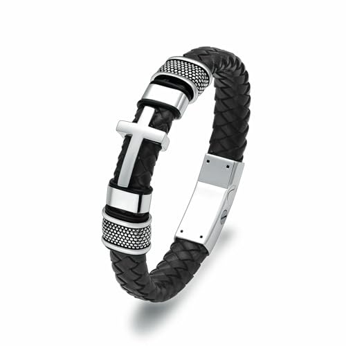 GMLRTOSPT Kreuz-Einäscherungsarmband für Asche, Edelstahl, Urnen-Gedenkschmuck, geflochtenes Lederarmband, Armreif, Andenken für Männer und Frauen, Silber, 22 cm von GMLRTOSPT