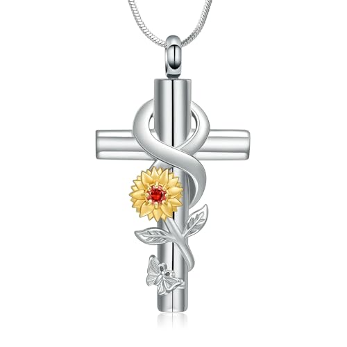 GMLRTOSPT Kreuz-Urnen-Halskette für Asche, Edelstahl, Blumen-Einäscherungsschmuck, Andenken, Mensch, Haustier, Gedenkanhänger, Geschenk für Frauen und Mädchen, Gold-Rot von GMLRTOSPT