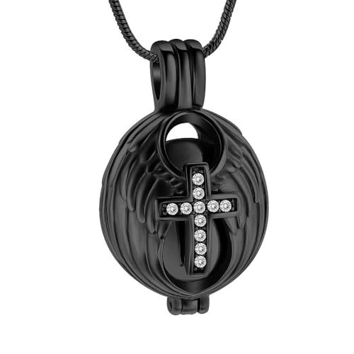 GMLRTOSPT Kristallkreuz-Urnen-Halskette für geliebte Menschen, Engel, hohle Flügel, Feder, Beerdigungs- und Gedenkschmuck, Schwarz von GMLRTOSPT