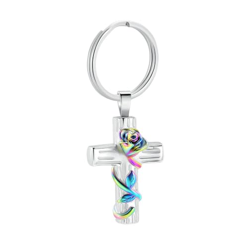 GMLRTOSPT Schlüsselanhänger mit Urne für die Asche, Rosenblütenkreuz, Beerdigungsurne, Andenken, Schlüsselanhänger für die Asche von Menschen/Haustieren, Gedenkgeschenk, bunt von GMLRTOSPT